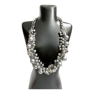 ALDO SILVER TONED IRIDESCENT FACETED WOVEN BEAD STATEMENT NECKLACE